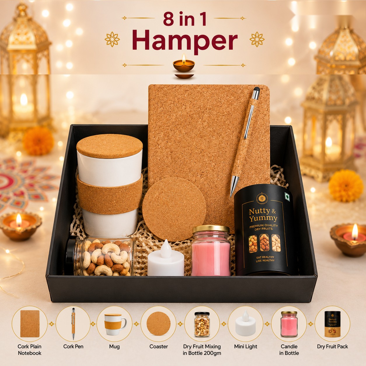 8-in-1 Cork Hamper - Diwali corporate gift box