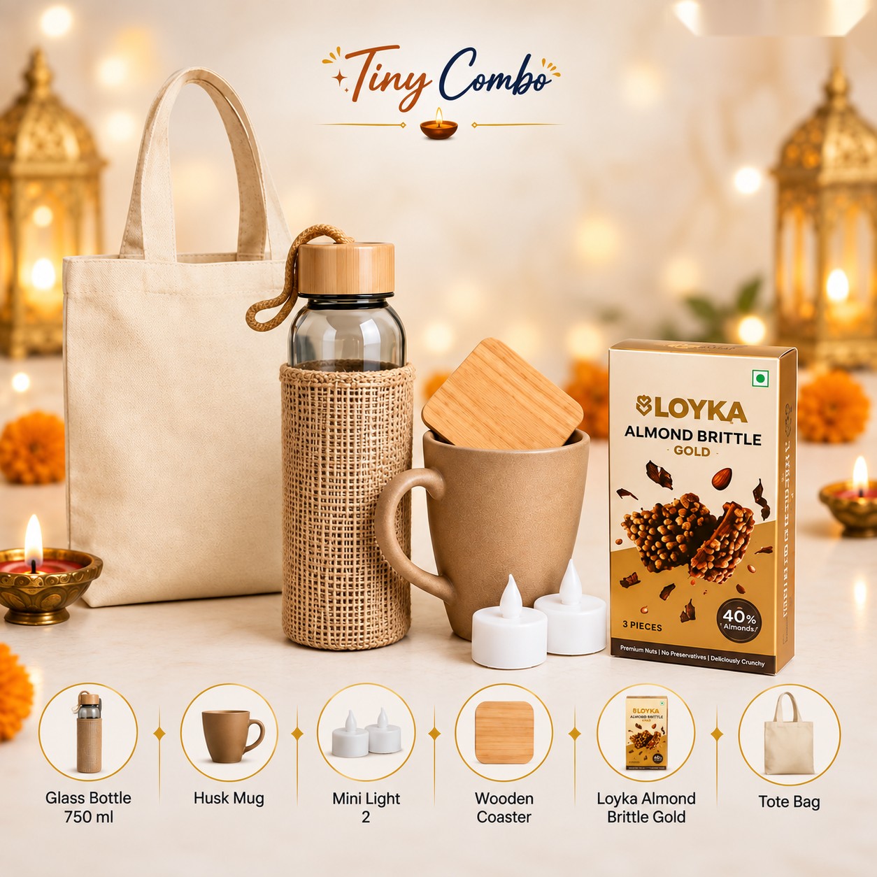 Tiny Combo - Glass Bottle, Husk Mug & Tote - Diwali corporate gift box