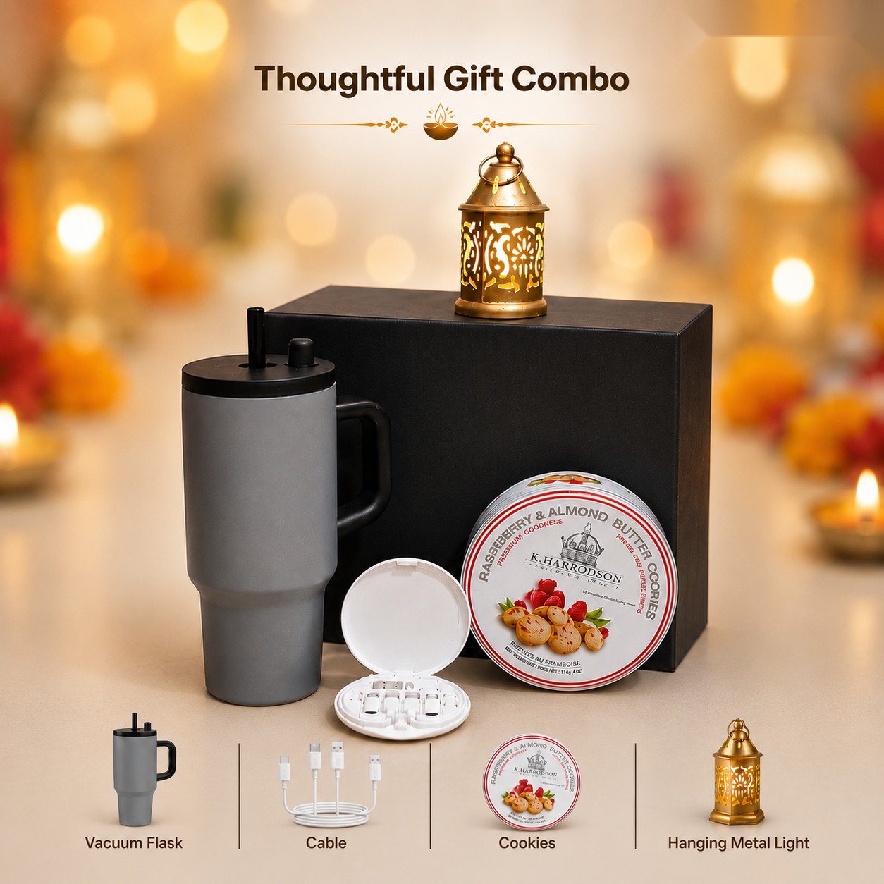 Thoughtful Gift Combo - Vacuum Flask & Hanging Lamp - Diwali corporate gift box