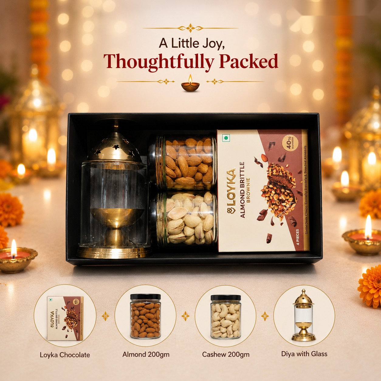 A Little Joy, Thoughtfully Packed - Dry Fruits & Diya - Diwali corporate gift box