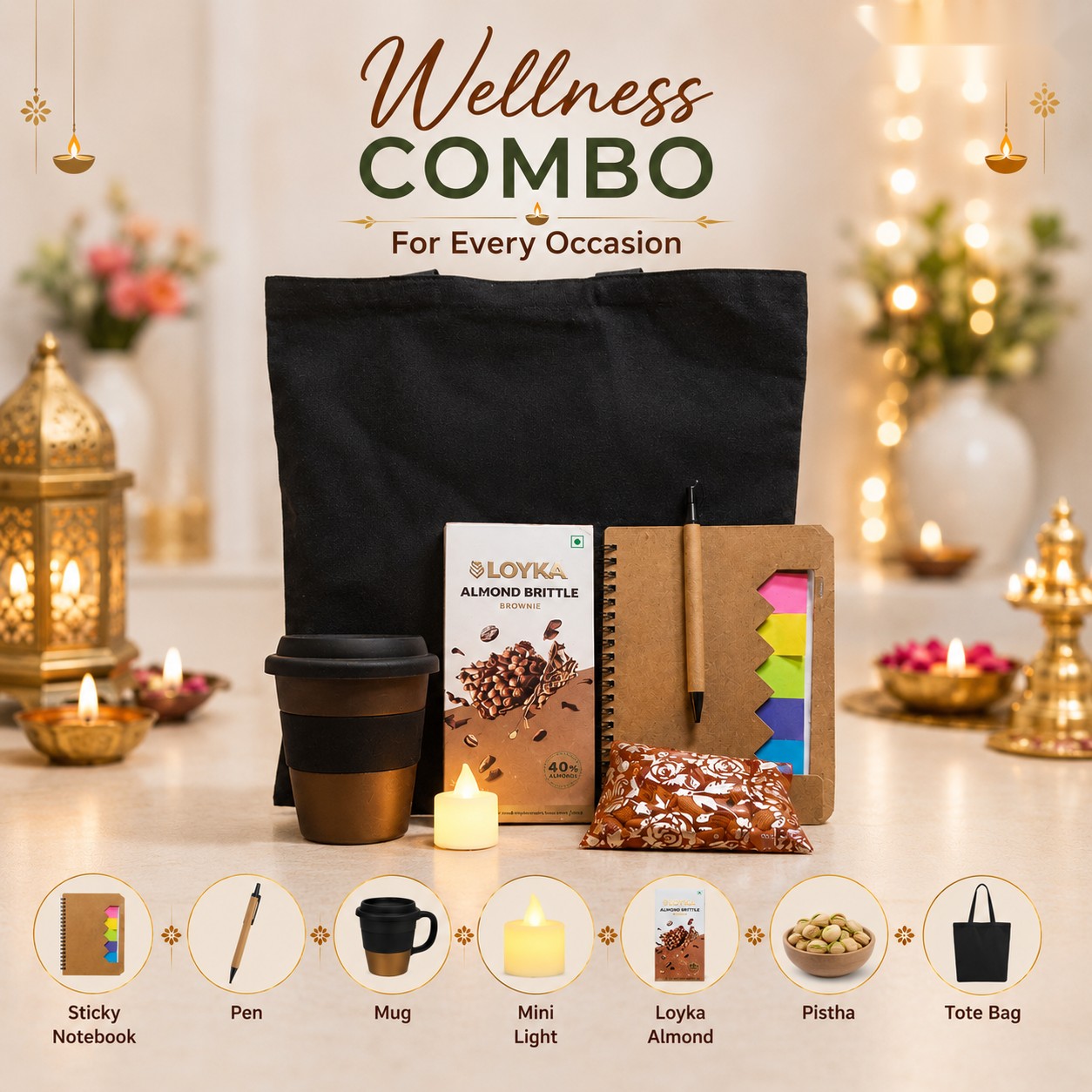 Wellness Combo - Sticky Notebook, Mug & Tote - Diwali corporate gift box