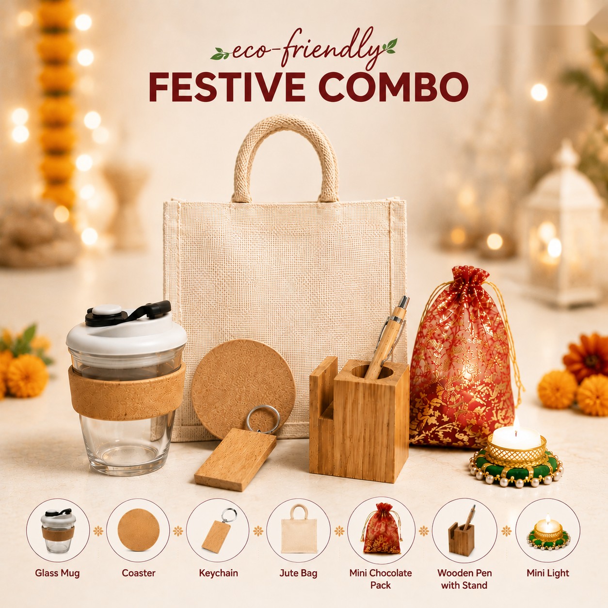 Eco-friendly Festive Combo - Jute Bag & Glass Mug - Diwali corporate gift box