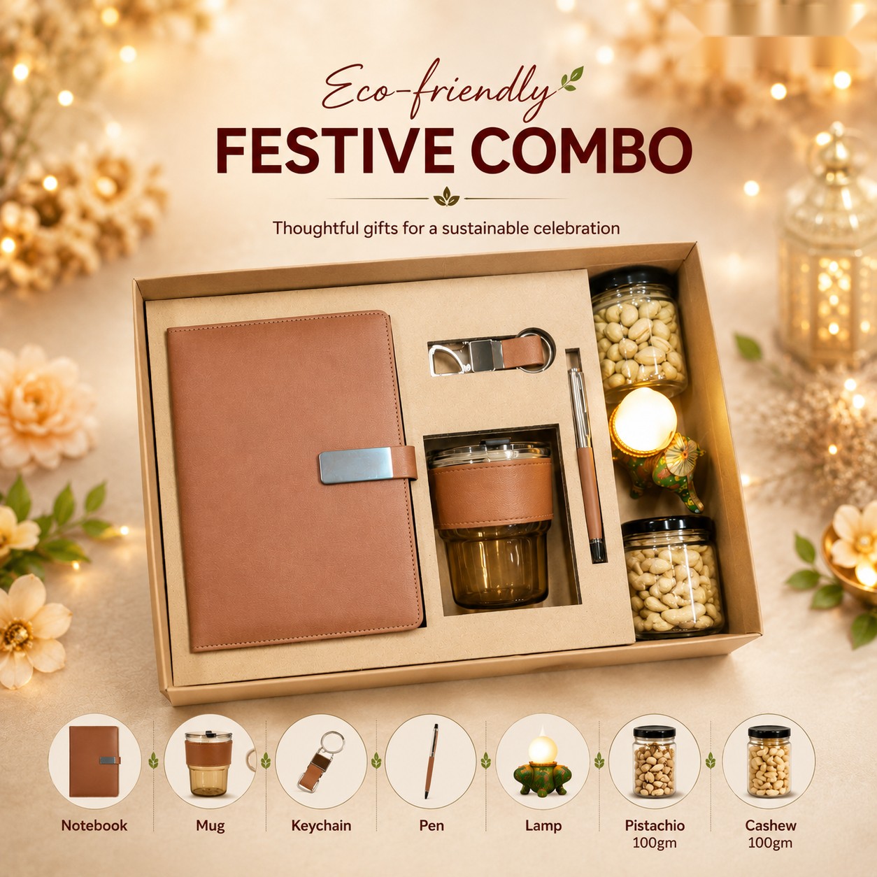 Eco-friendly Festive Combo - Notebook, Mug & Dry Fruits - Diwali corporate gift box