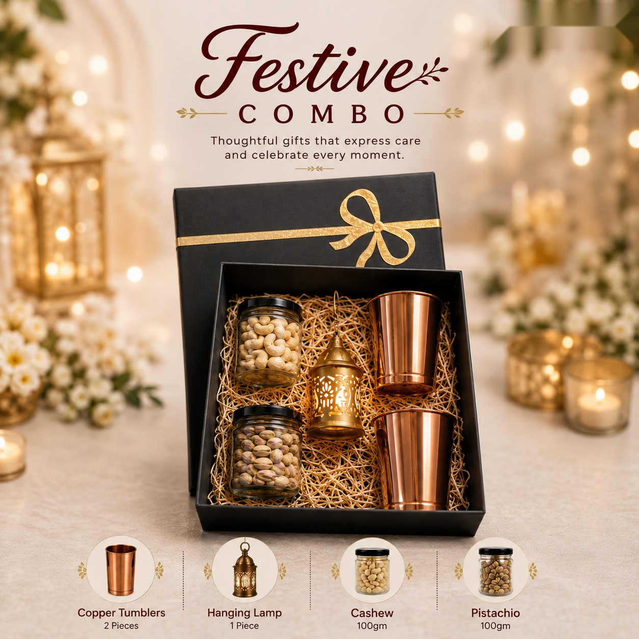 Festive Combo - Copper Tumblers & Hanging Lamp - Diwali corporate gift box