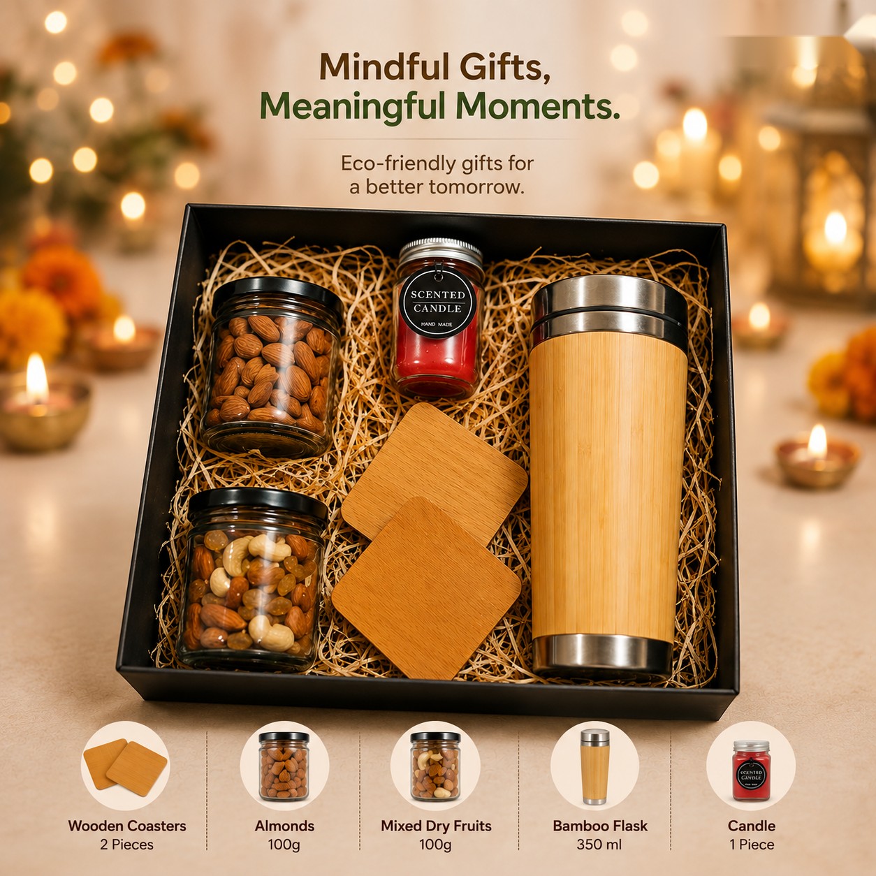 Mindful Gifts - Bamboo Flask & Dry Fruits - Diwali corporate gift box