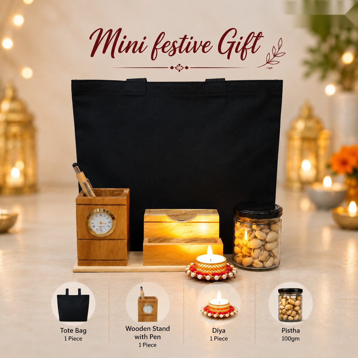 Mini Festive Gift - Tote & Wooden Stand - Diwali corporate gift box