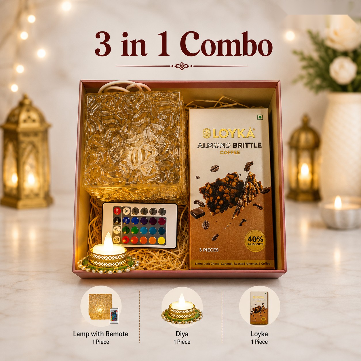 3-in-1 Combo - Remote Lamp, Diya & Almond Brittle - Diwali corporate gift box