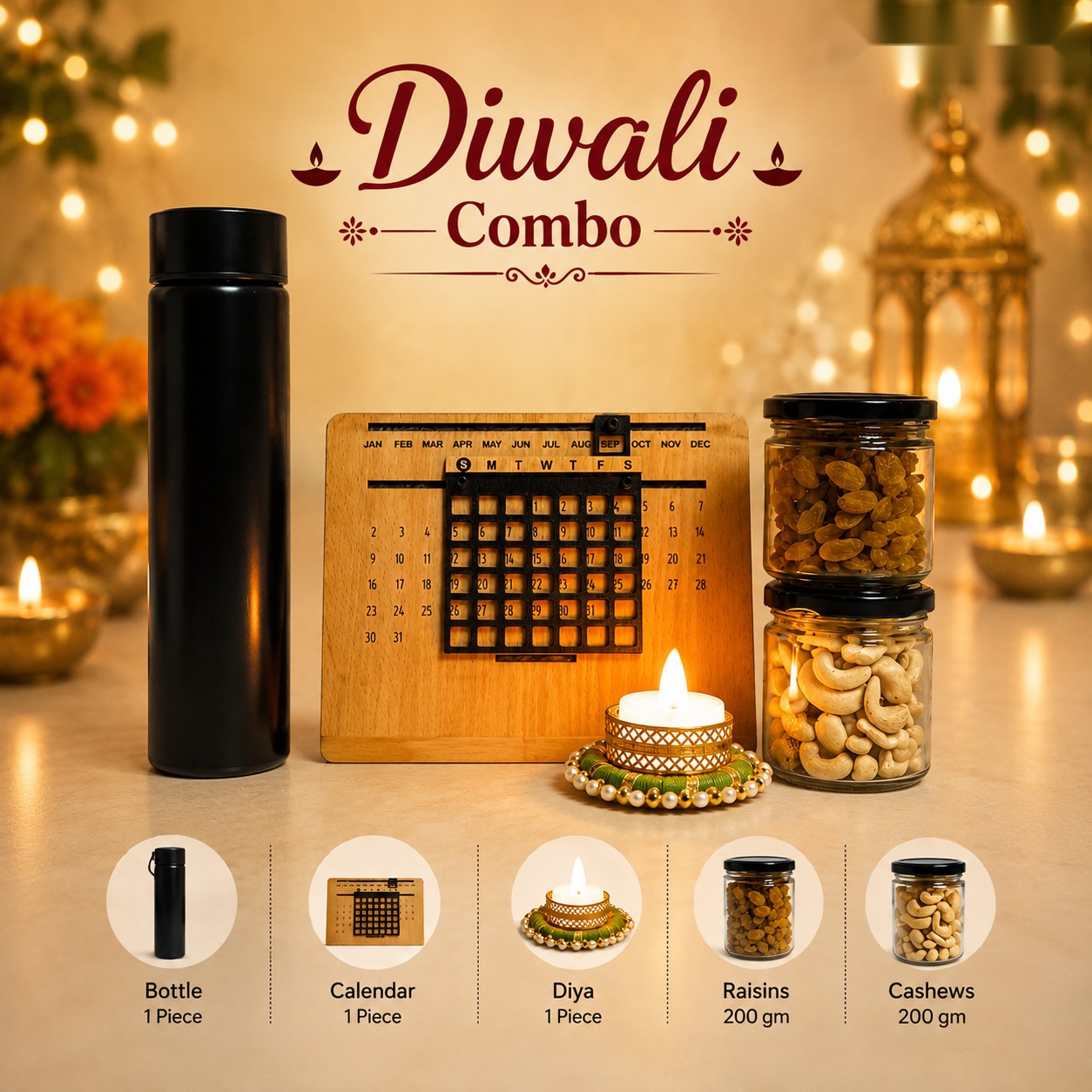 Diwali Combo - Bottle, Calendar & Dry Fruits - Diwali corporate gift box