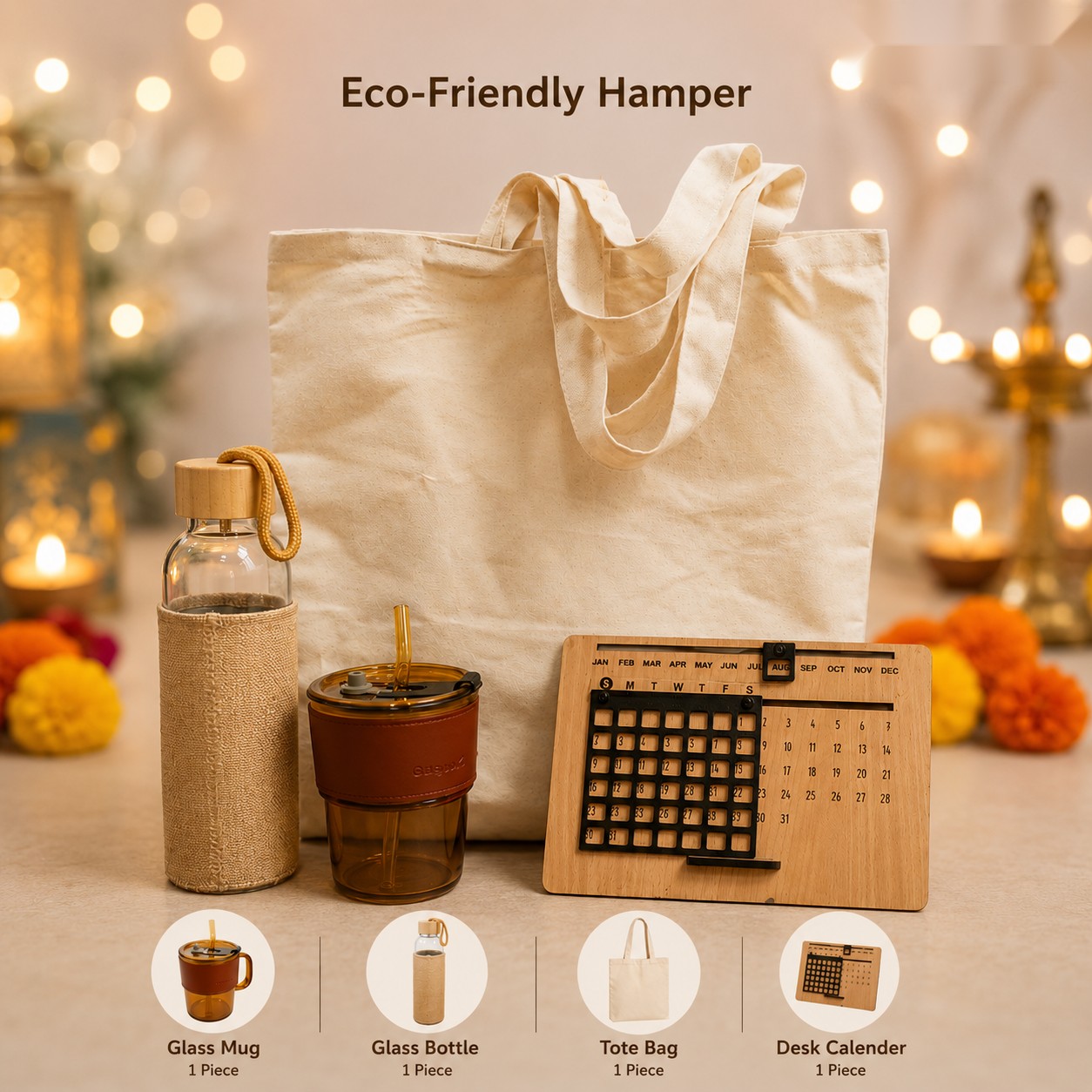 Eco-Friendly Hamper - Glass Mug, Bottle & Desk Calendar - Diwali corporate gift box