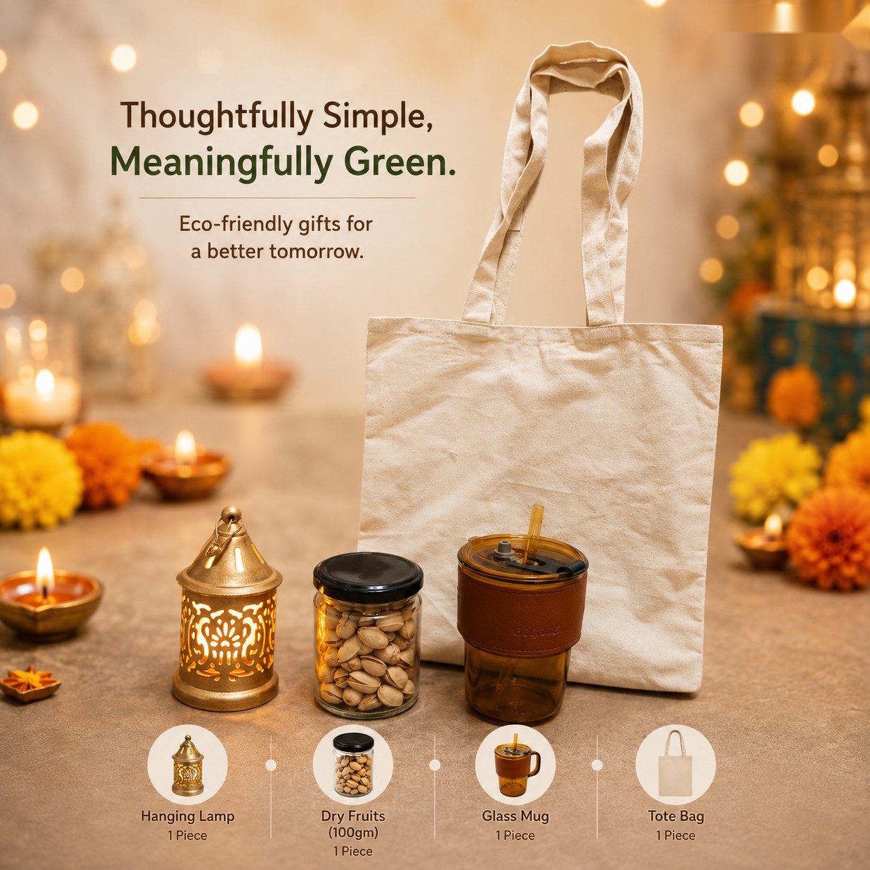Thoughtfully Simple - Green Gift Tote - Diwali corporate gift box