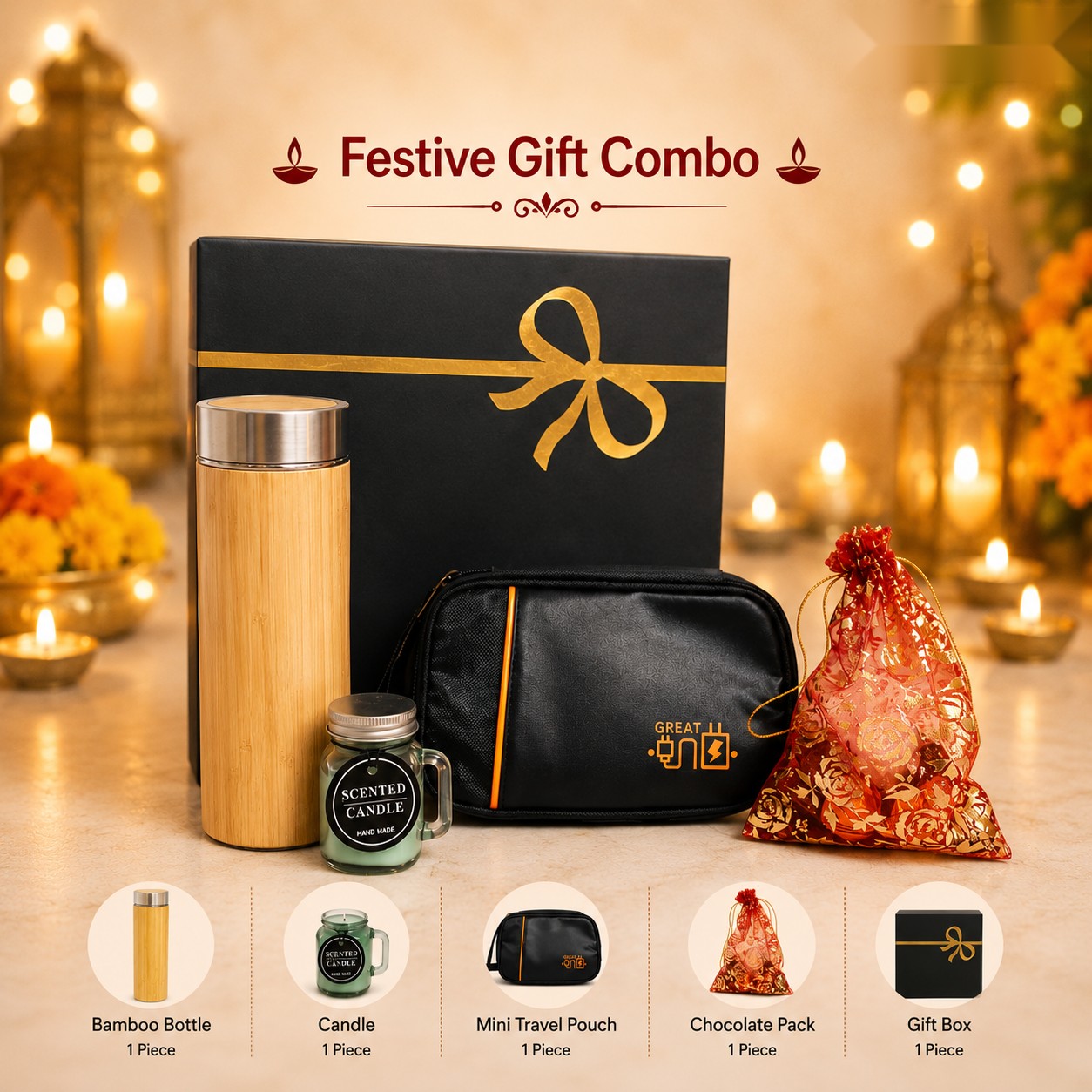Festive Gift Combo - Bamboo Bottle, Candle & Pouch - Diwali corporate gift box