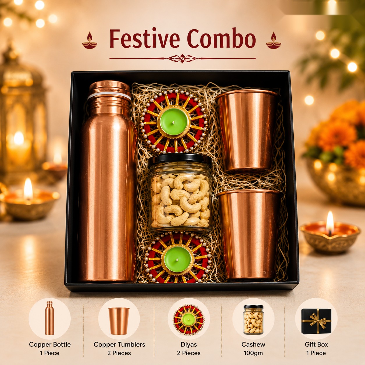 Festive Combo - Copper Bottle, Tumblers & Cashews - Diwali corporate gift box