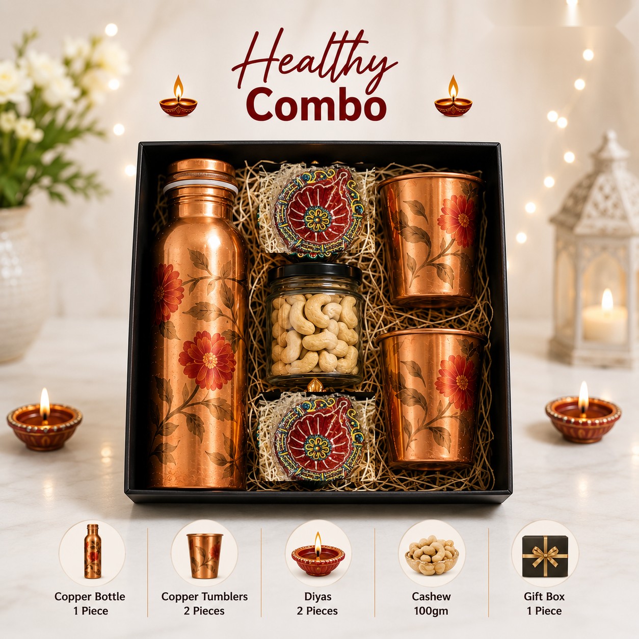 Healthy Combo - Printed Copper Bottle & Tumblers - Diwali corporate gift box
