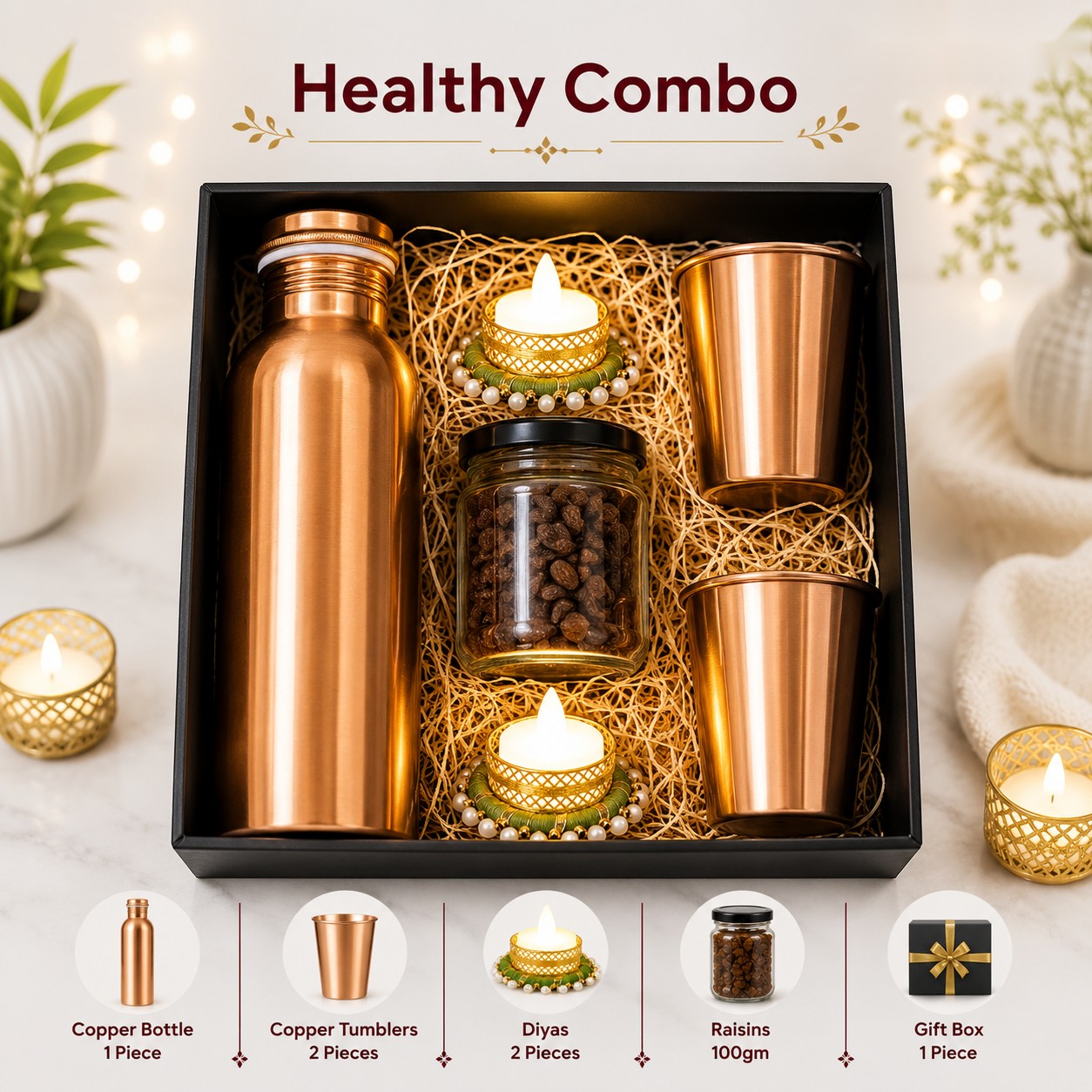 Healthy Combo - Copper Bottle, Tumblers & Raisins - Diwali corporate gift box