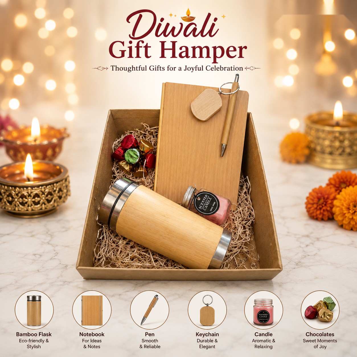 Diwali Gift Hamper - Bamboo Flask & Stationery - Diwali corporate gift box