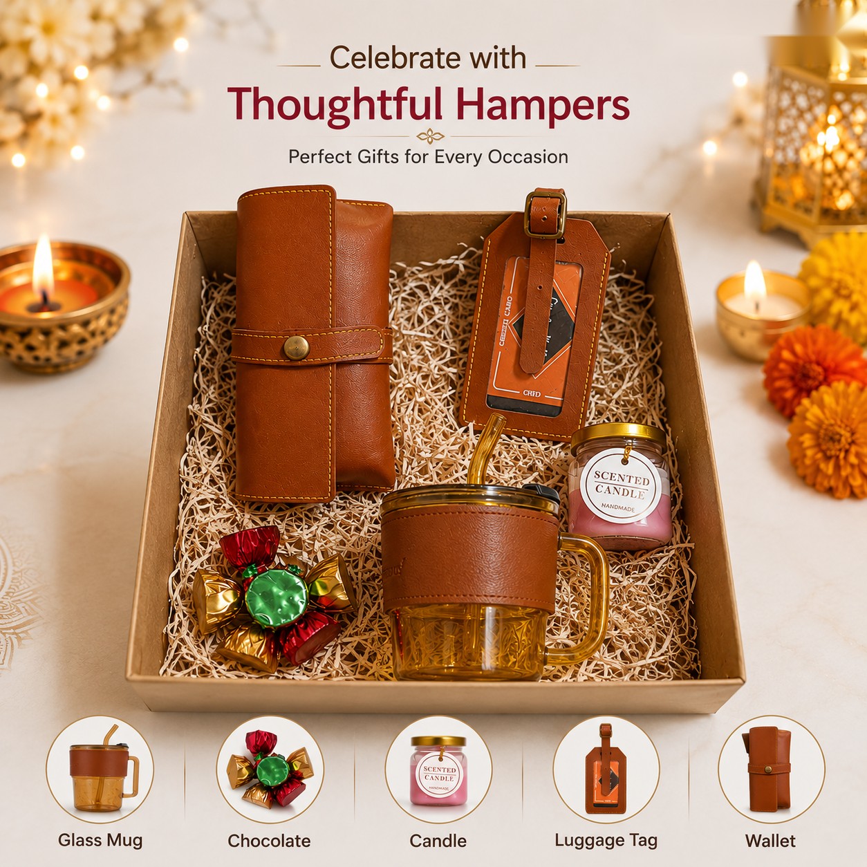 Thoughtful Hamper - Glass Mug, Wallet & Luggage Tag - Diwali corporate gift box
