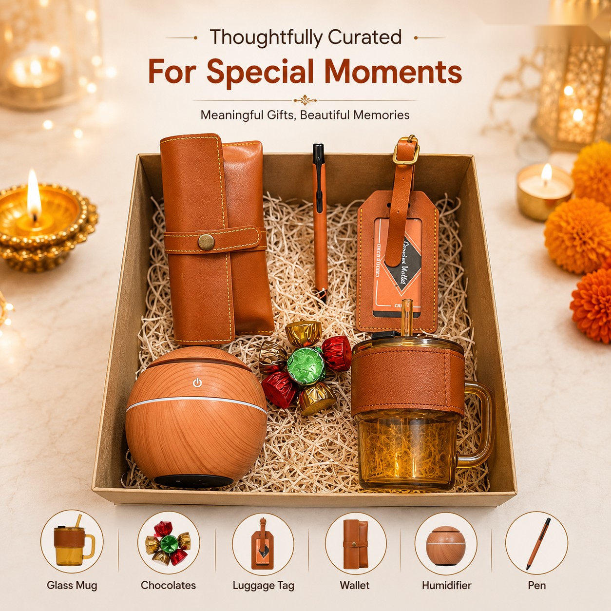 Special Moments Hamper - Humidifier, Wallet & Glass Mug - Diwali corporate gift box