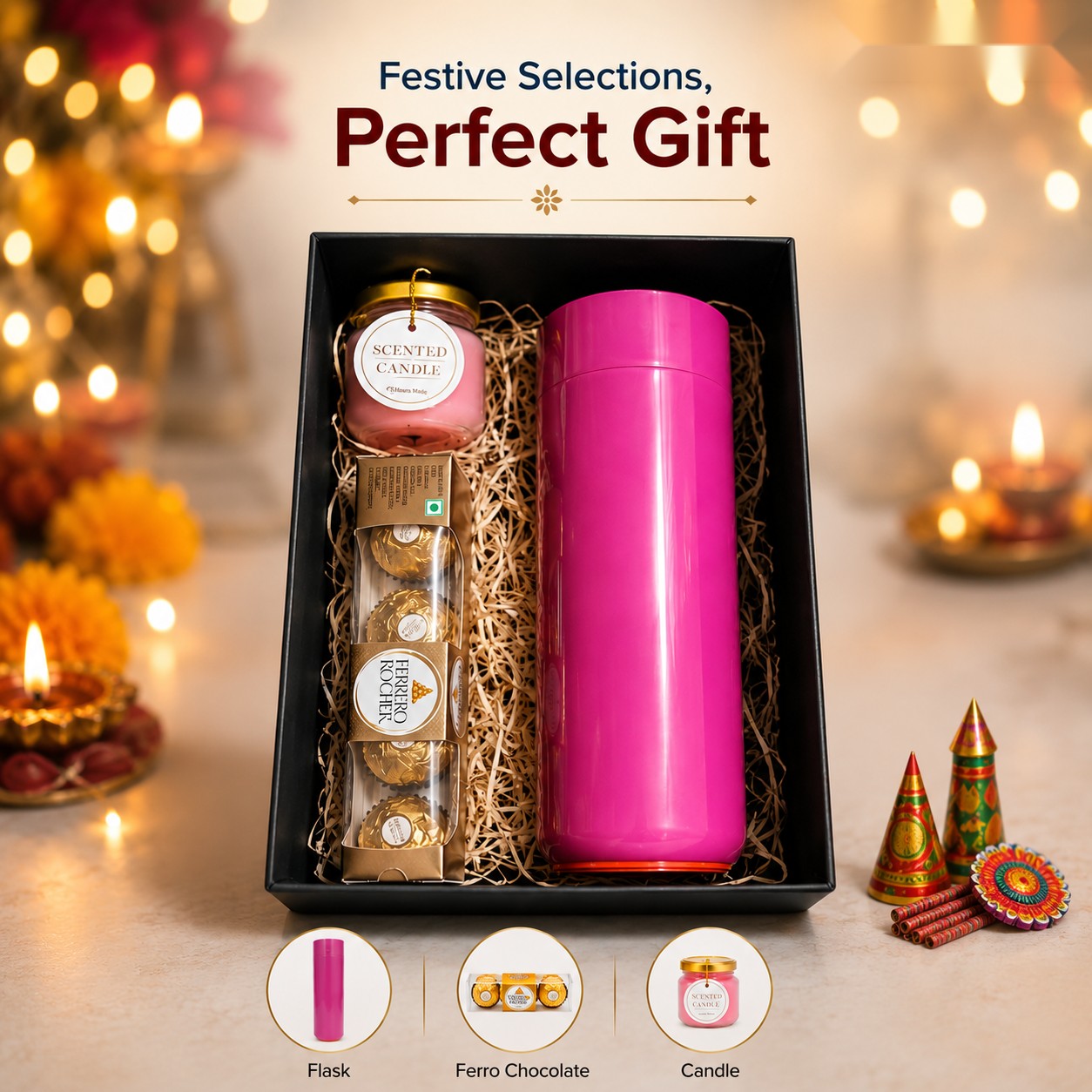 Festive Selections - Flask, Ferrero & Candle - Diwali corporate gift box