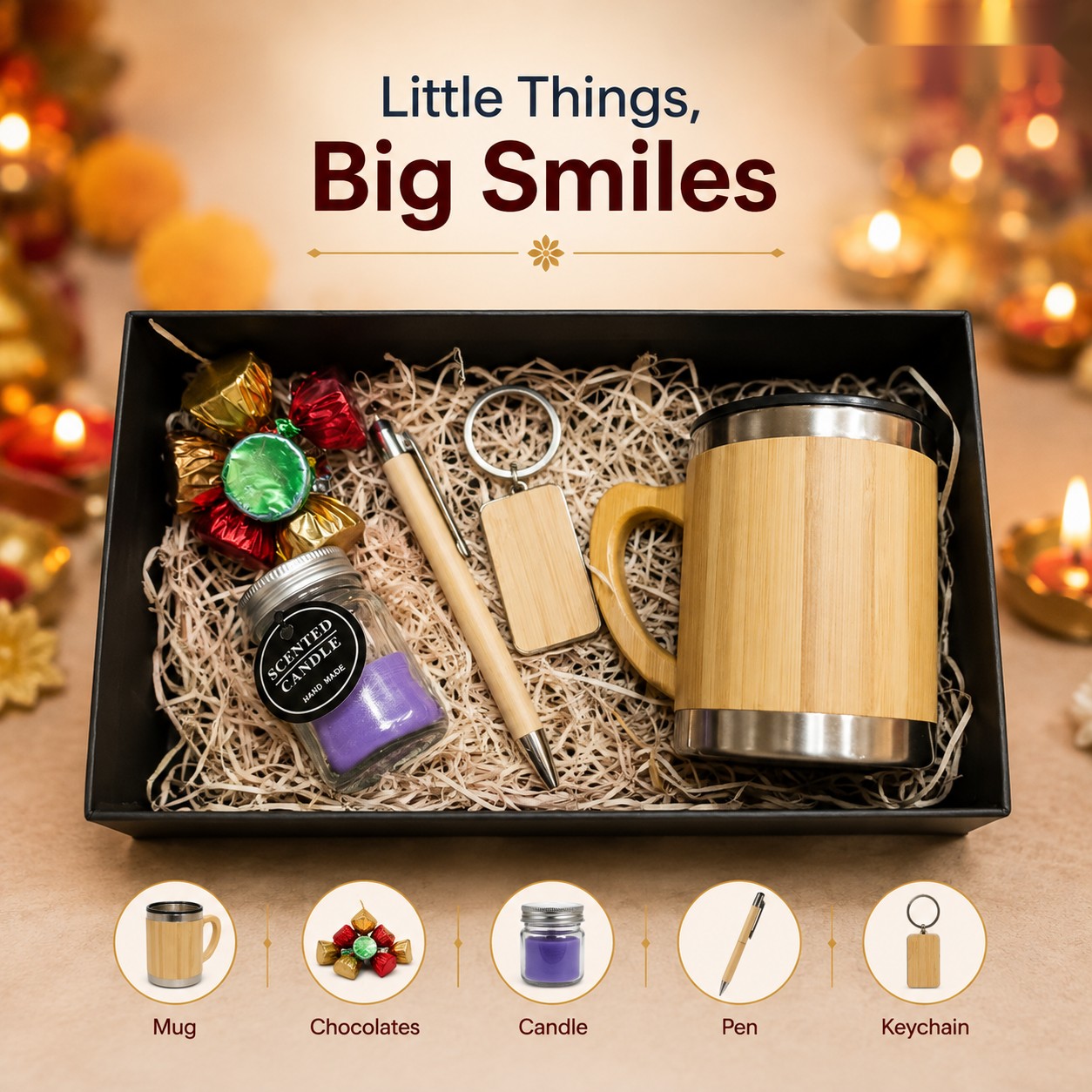 Little Things, Big Smiles - Mug, Candle & Pen Set - Diwali corporate gift box